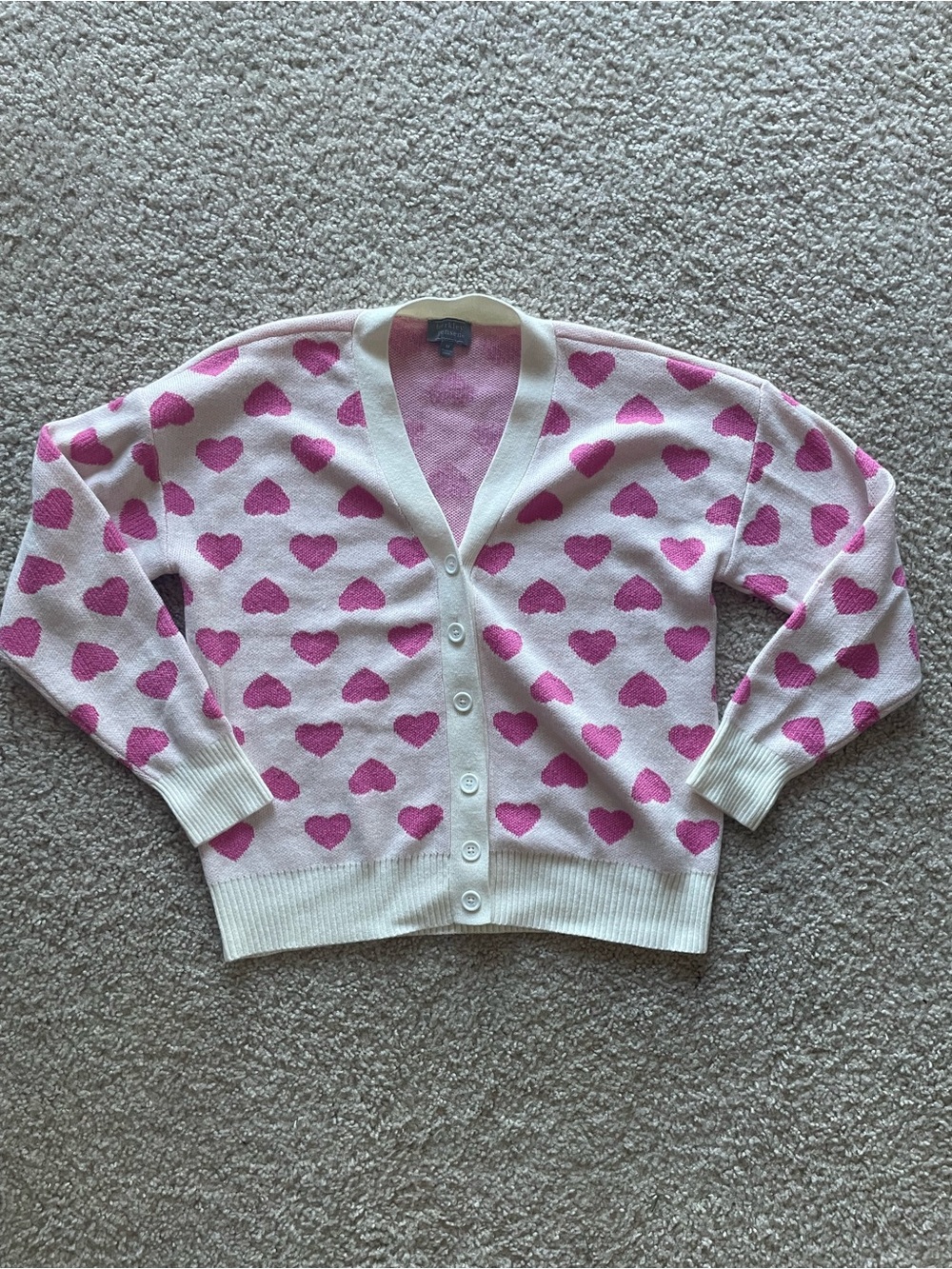 Pink Heart-Print V-Neck Button Cardigan